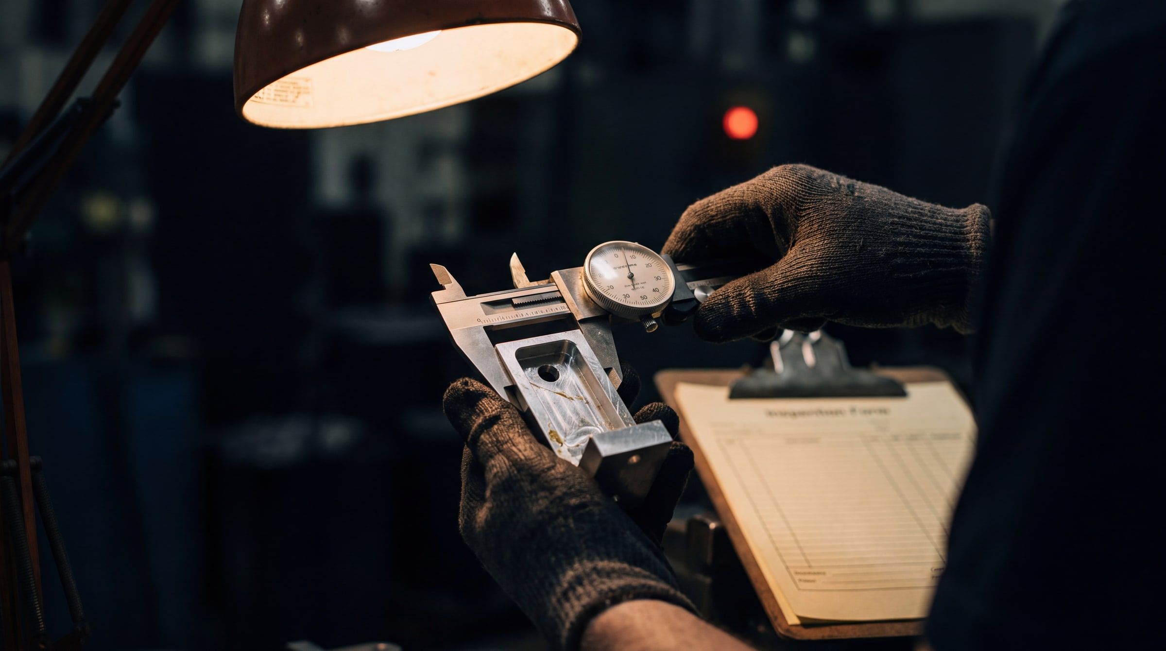 A gloved hand uses a dial caliper to inspect a machined metal part on an industrial workbench, an inspection form visible nearby.