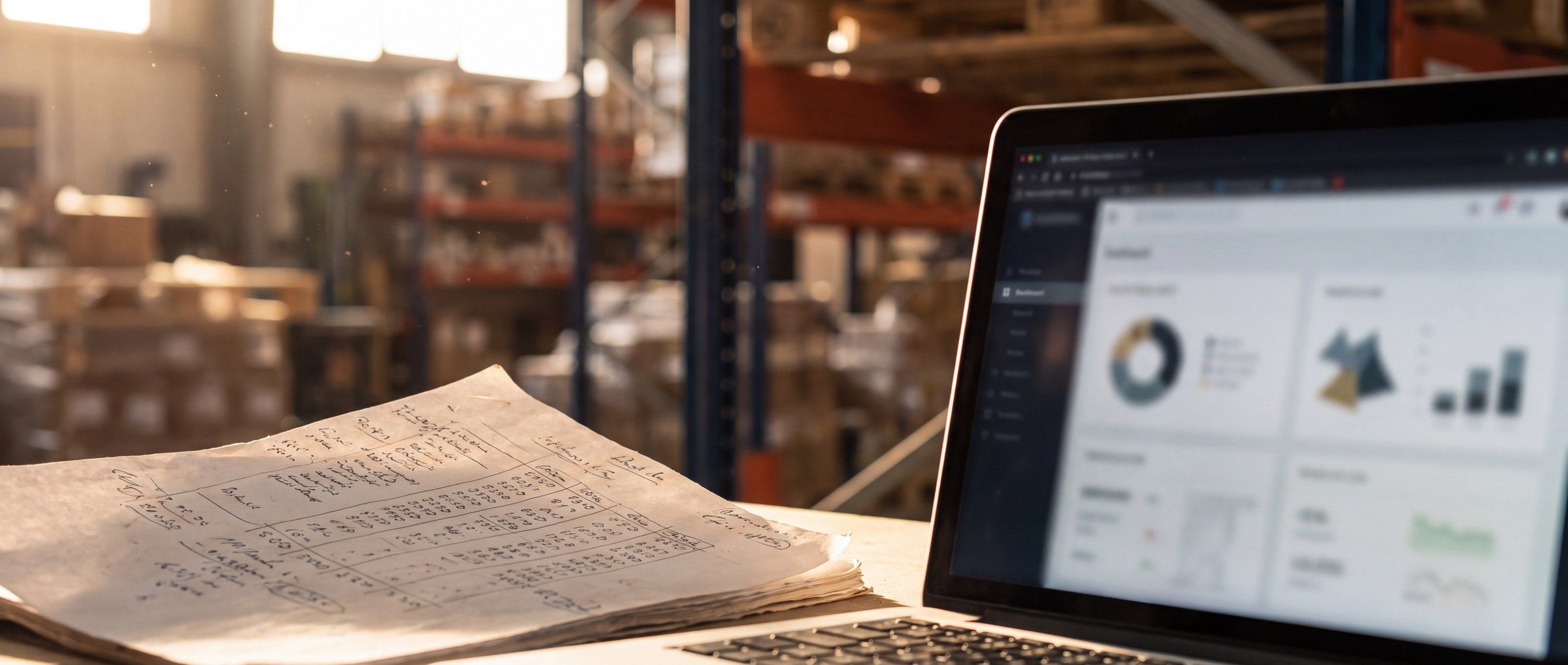 A stack of handwritten paper quote sheets beside a laptop showing a dashboard mockup, keyboard visible, with industrial warehouse racking blurred behind.