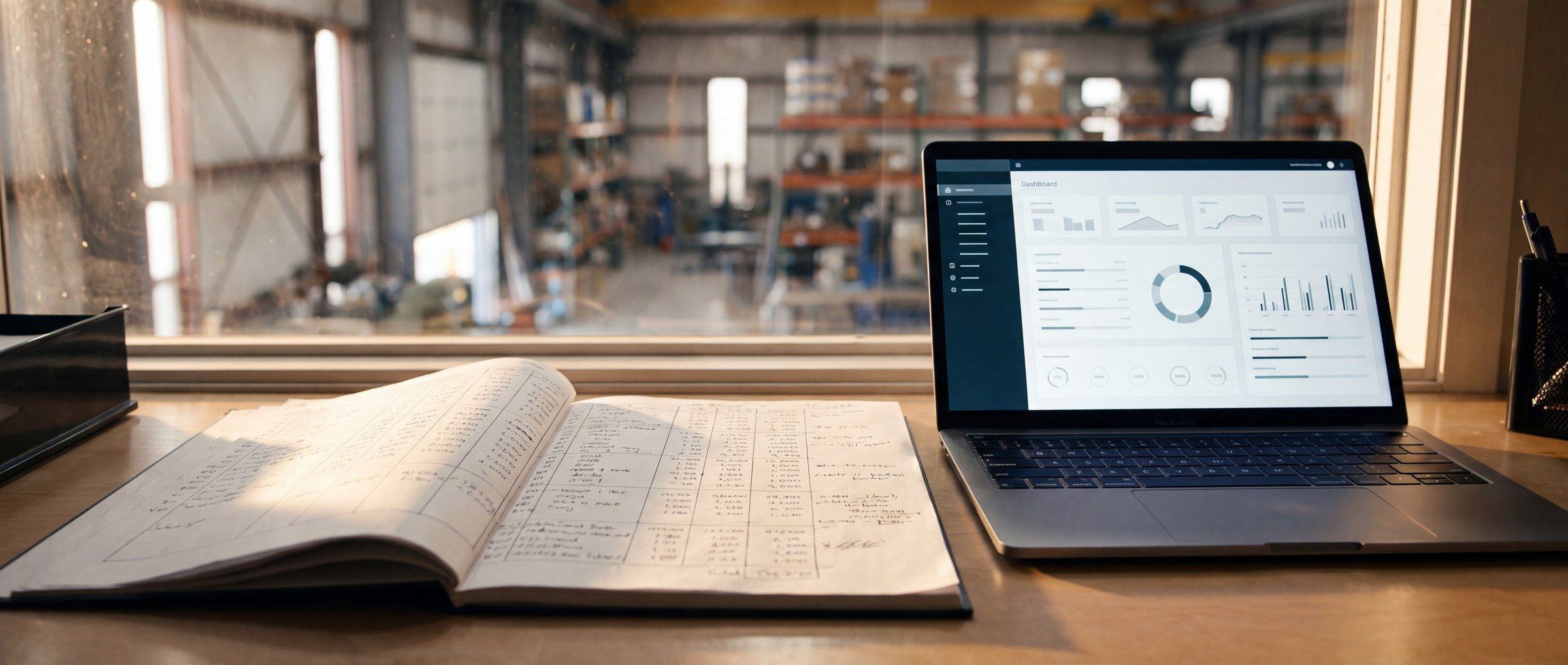 A handwritten paper quote ledger open on a desk beside a laptop showing a simple dashboard mockup, keyboard visible, with an industrial warehouse visible through a window behind.